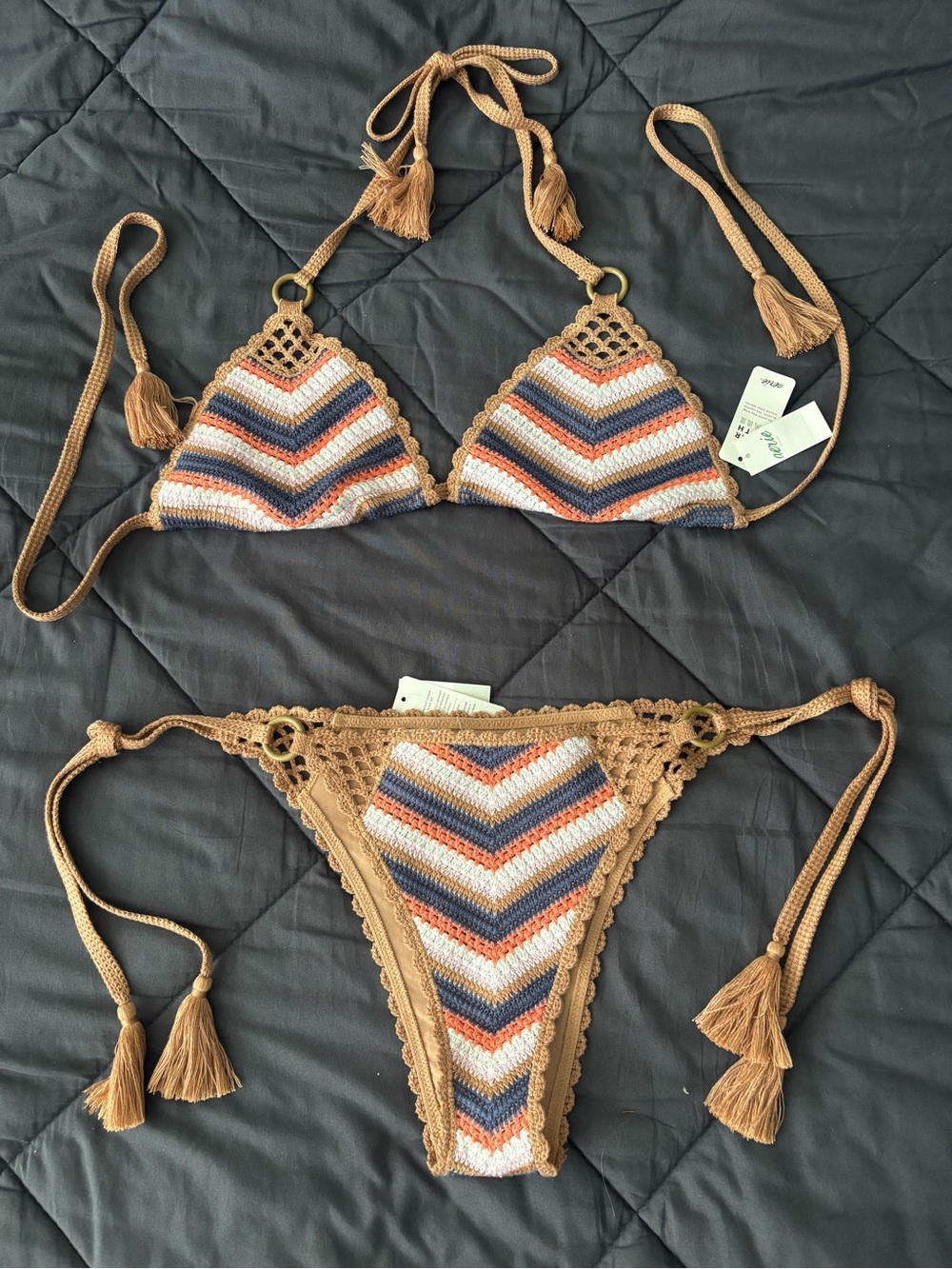 Aerie Crochet String Triangle Bikini Top Size L & Tie side Bottom Size M